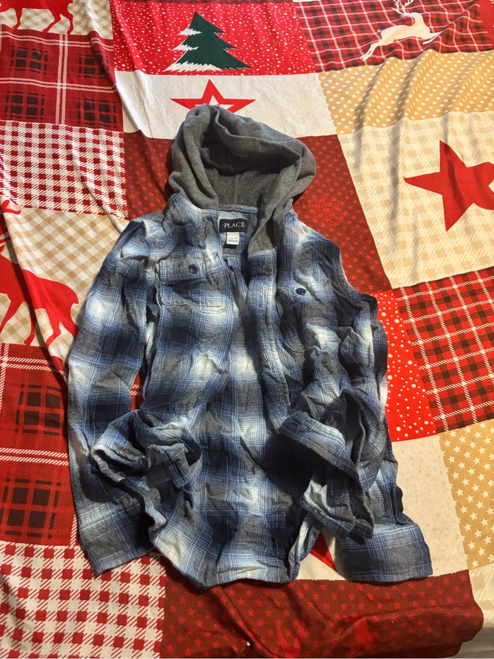 Place Blue and Gray Plaid Hooded Shirt Jacket